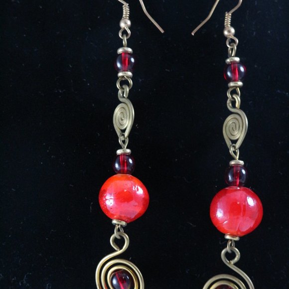Handmade East African Brass Red Ceramic Beaded Drop Earrings Pair - Picture 4 of 5